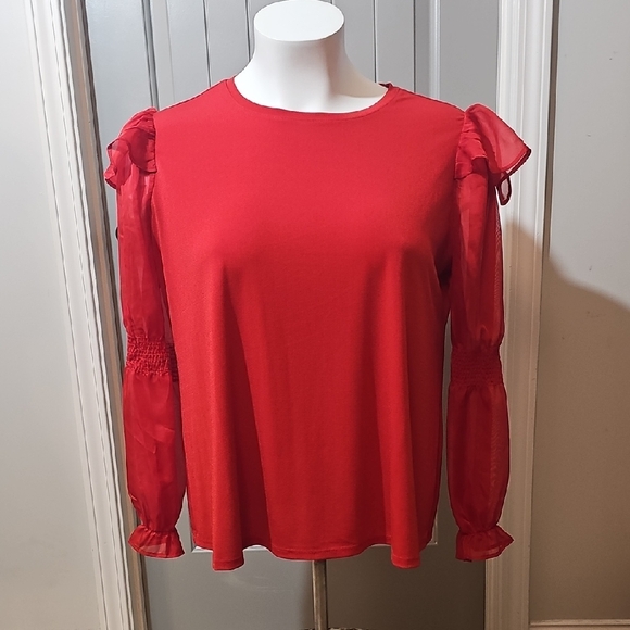 Cato Red Blouse with Ruffled Sheer Sleeves - Picture 1 of 10